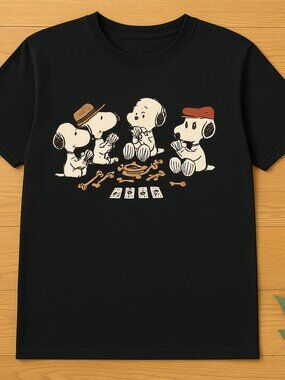 Black Cartoon Dog Poker Night Graphic Tee Vintage Cards Game Shirt